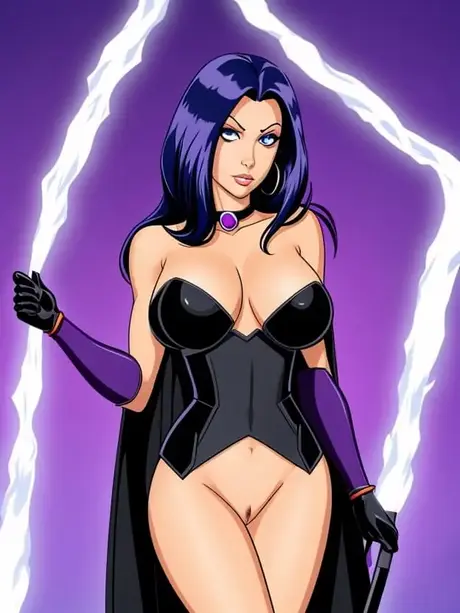 Raven, křivkami obdařená hentai kráska, předvádí svá velká prsa a hladkou nadýchanou píču