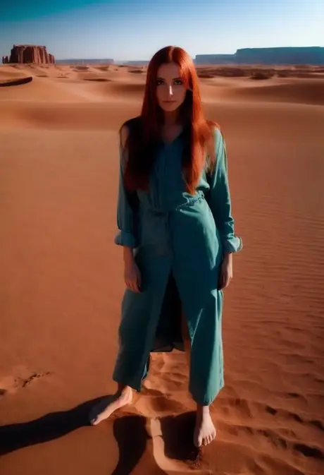 Redhead Panter, štíhlá rusovlasá modelka, pózuje nahá sama v poušti