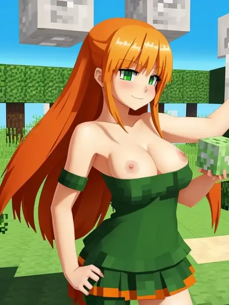 Den rødhårede hentai-karakter Gloss viser sine store bryster frem i et Minecraft-miljø