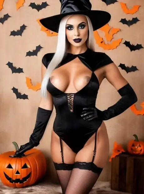Sandra Wilkins in costume da strega alla festa di Halloween (generato con IA)