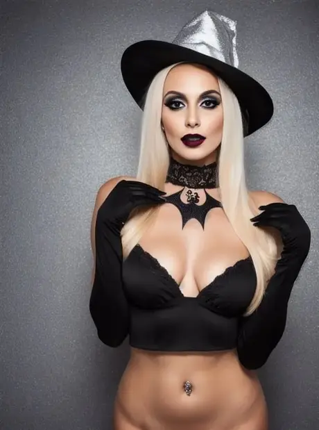 Sandra Wilkins in costume da strega alla festa di Halloween (generato con IA)