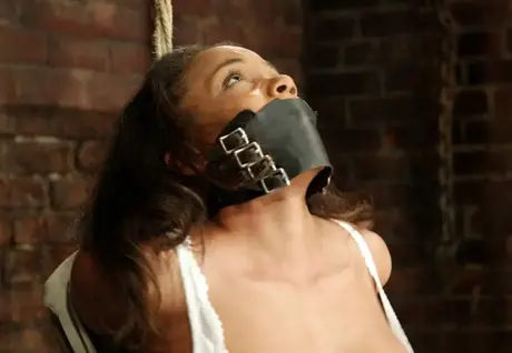 Sinnamon Love, MILF ébène, ligotée et bâillonnée en suspension par cordes dans un donjon
