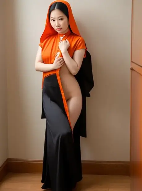 Suke Hayato, uma freira asiática gerada por AI, exibe sua figura em uma apresentação solo