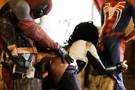 Ana Foxxx performs oral on two superheroes in a threesome