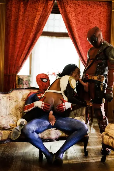 Ana Foxxx performs oral on two superheroes in a threesome