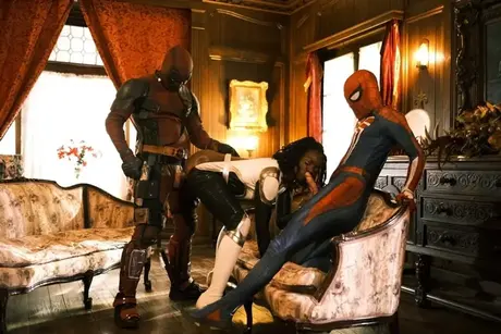 Ana Foxxx performs oral on two superheroes in a threesome