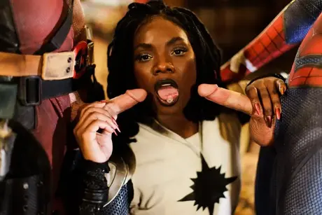 Ana Foxxx performs oral on two superheroes in a threesome