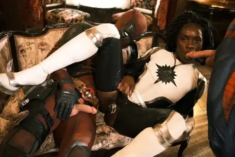 Ana Foxxx performs oral on two superheroes in a threesome