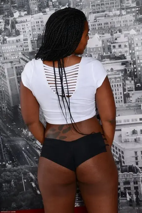 Giovane amateur ebano con figura paffuta mostra la sua figa rasata e il suo ano