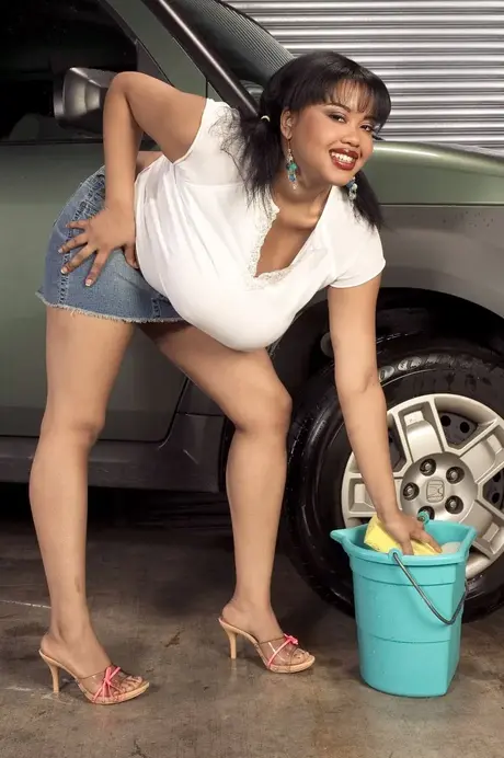 Sunny Dee, černošská BBW, si mydlí svá obrovská prsa ve své automyčce