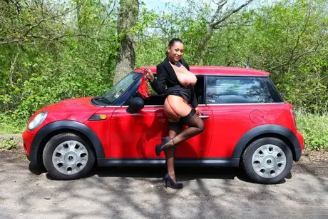 Danica Collins, starší brunetka, ukazuje svá velká prsa a zadek v punčochách na silnici