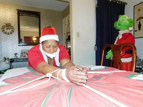 Ebony BBW Bound Over a Table at Christmas, Underwear Exposed