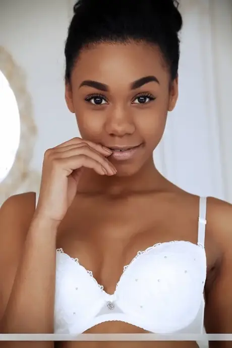 Glamoureuse beauté ébène en bas et porte-jarretelles dévoilant de petits seins