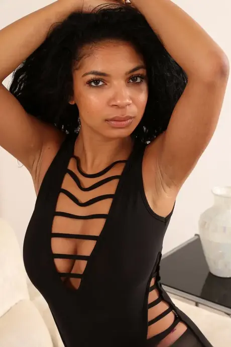 Jay Gray, ebony sólová modelka, odhaluje velká prsa v podvazkovém pásu a punčochách