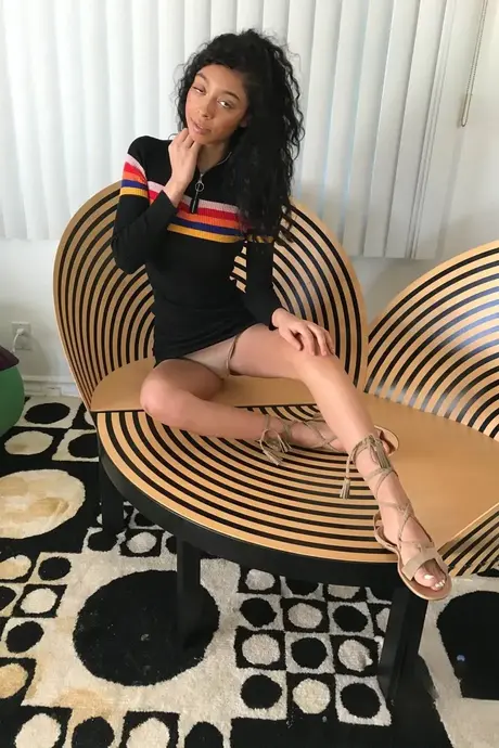 La mince beauté brune Jada Doll se déshabille et dévoile sa chatte poilue en gros plan
