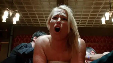 Amateur blonde Mellanie Monroe gets masturbated while bound in a private room