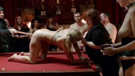 Amateur blonde Mellanie Monroe gets masturbated while bound in a private room