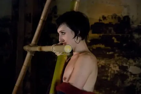 Брюнетка MILF Dylan Ryan связана подвесными верёвками и подвергается игре